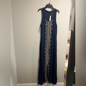 Solitaire Navy and Gold Patterned Maxi Dress